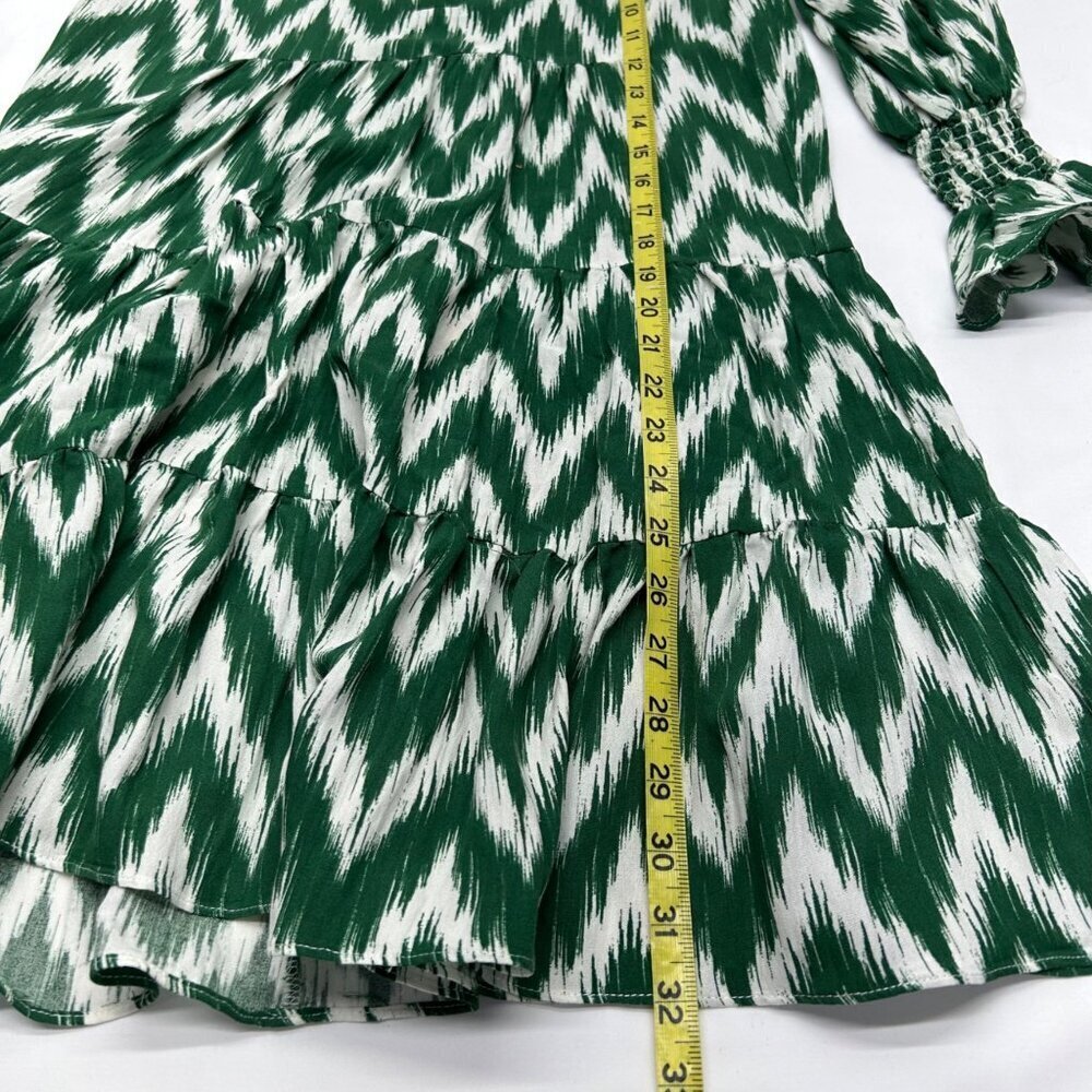 Pomander Place Ikat Kenzo Dress XS Green White Chevron Print Tiered V-Neck Ruffl - Picture 13 of 15